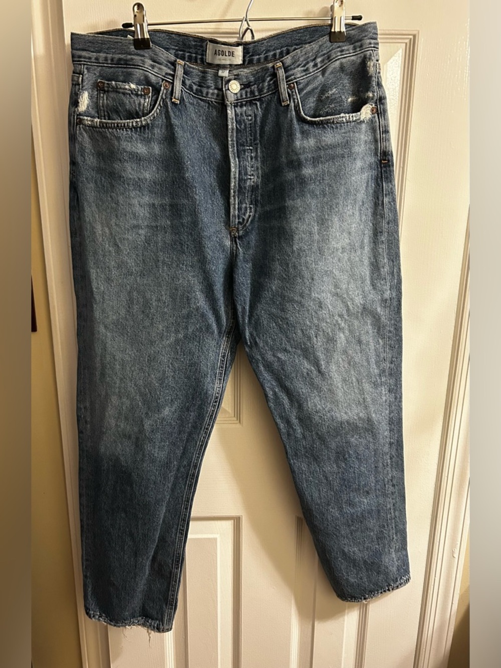 AGOLDE Riley High Rise Straight Crop Distressed Jeans Size 32 Button Fly.